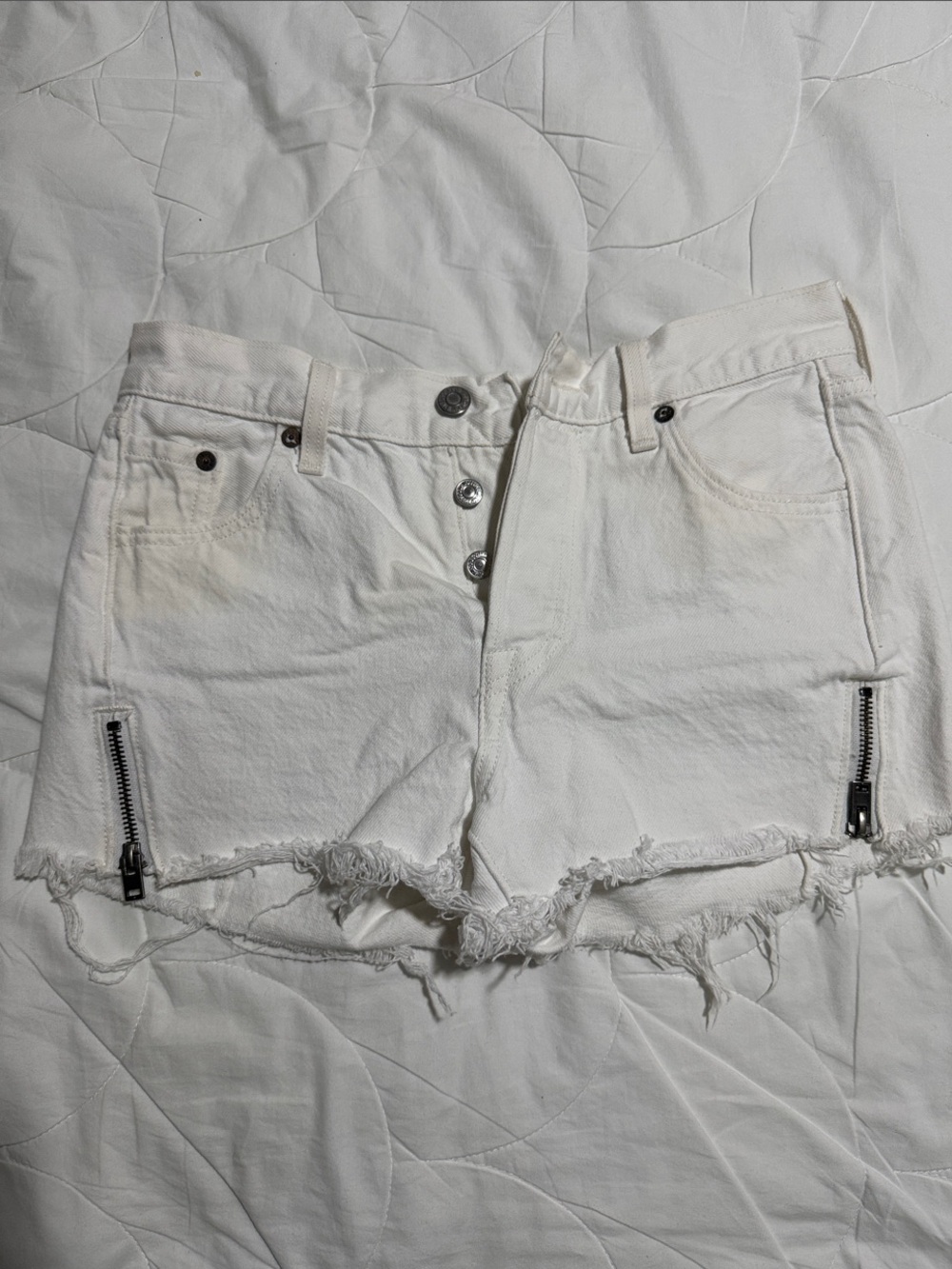 Levi's White Distressed Denim Shorts with Front Zippers
